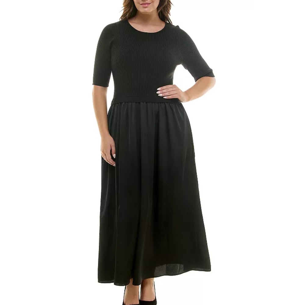 Ribbed Knit Top and Pleated Skirt Maxi Dress in Black Taylor Sz Medium New